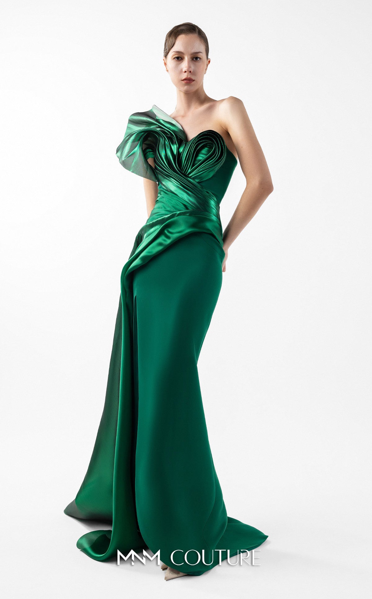 Prom Dresses Long Slit Formal Pleated Metallic Prom Dress MNM Couture G2023 Emerald Green