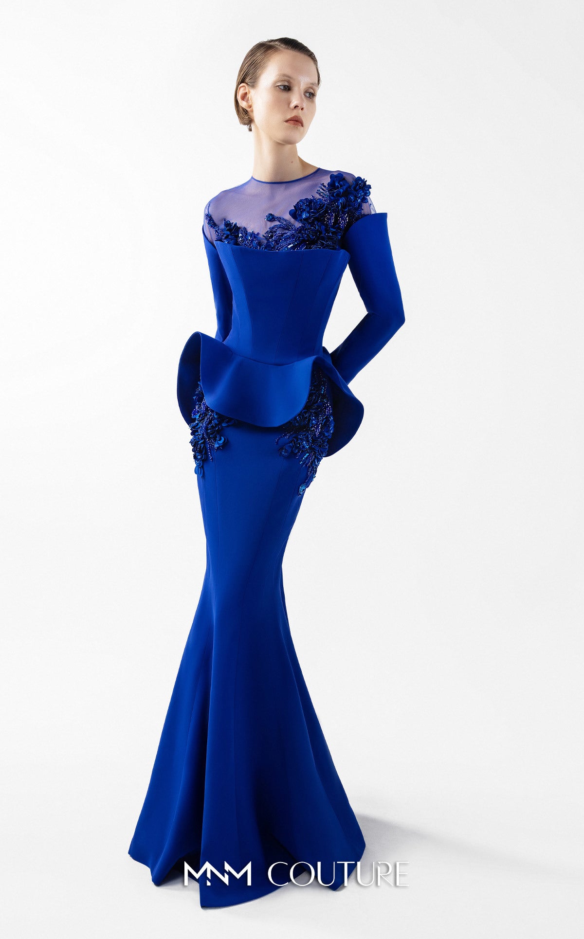 Mother of the Bride Dresses Long Sleeve Mermaid Ruffle 3D Floral Mother of the Bride Dress MNM Couture G2029 Royal Blue