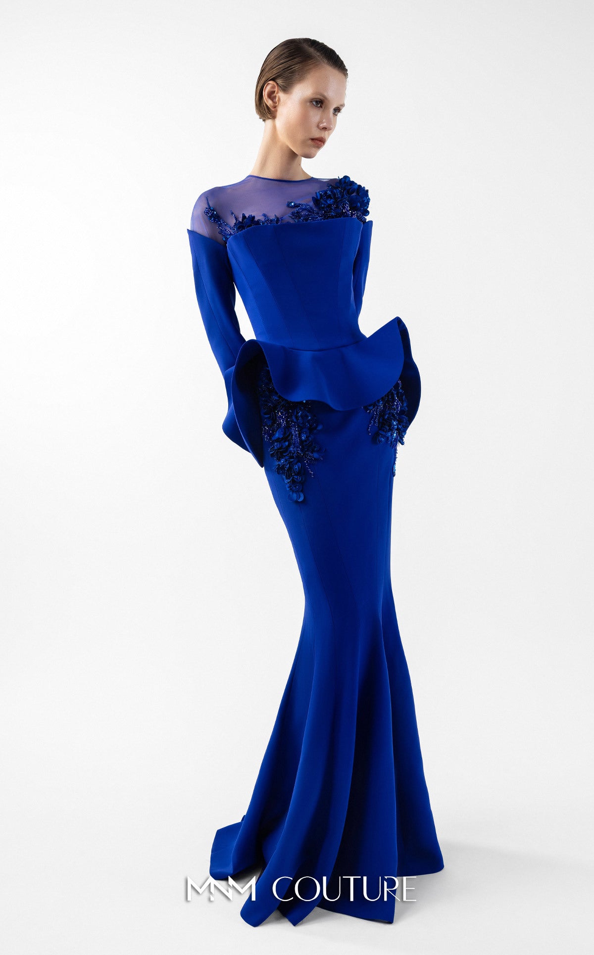 Mother of the Bride Dresses Long Sleeve Mermaid Ruffle 3D Floral Mother of the Bride Dress MNM Couture G2029 Royal Blue