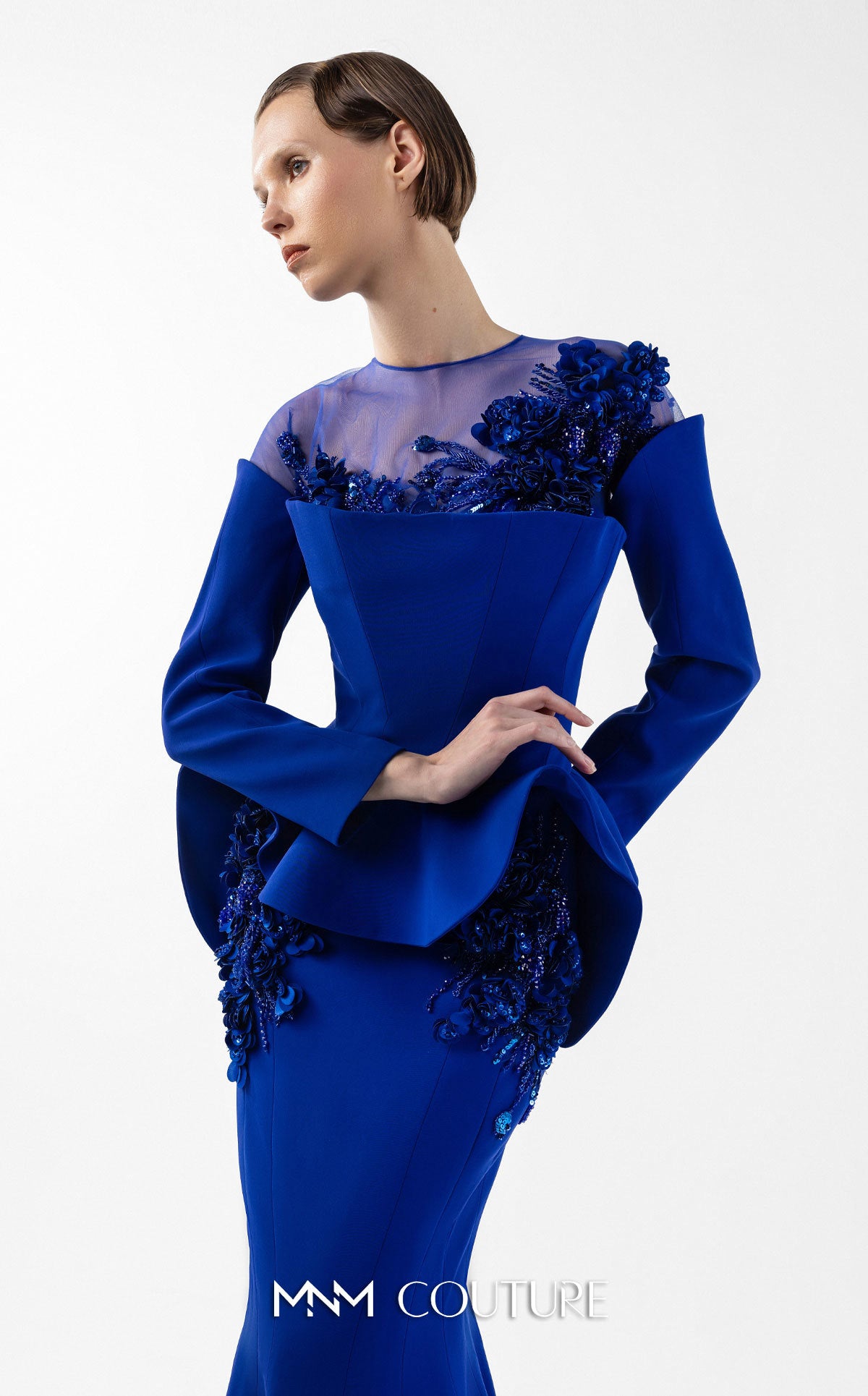 Mother of the Bride Dresses Long Sleeve Mermaid Ruffle 3D Floral Mother of the Bride Dress MNM Couture G2029 Royal Blue