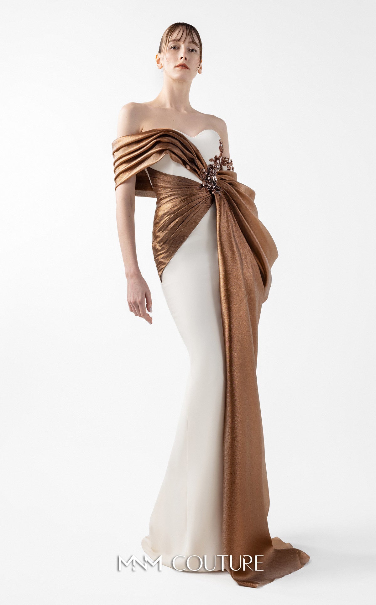 Prom Dresses Slit Long Formal Fitted Prom Dress MNM Couture G2030 Blush/Bronze
