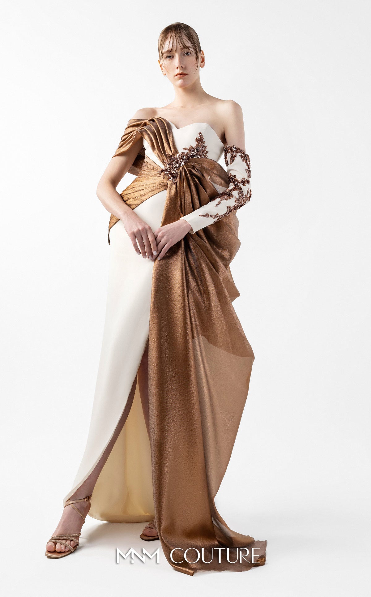 Prom Dresses Slit Long Formal Fitted Prom Dress MNM Couture G2030 Blush/Bronze