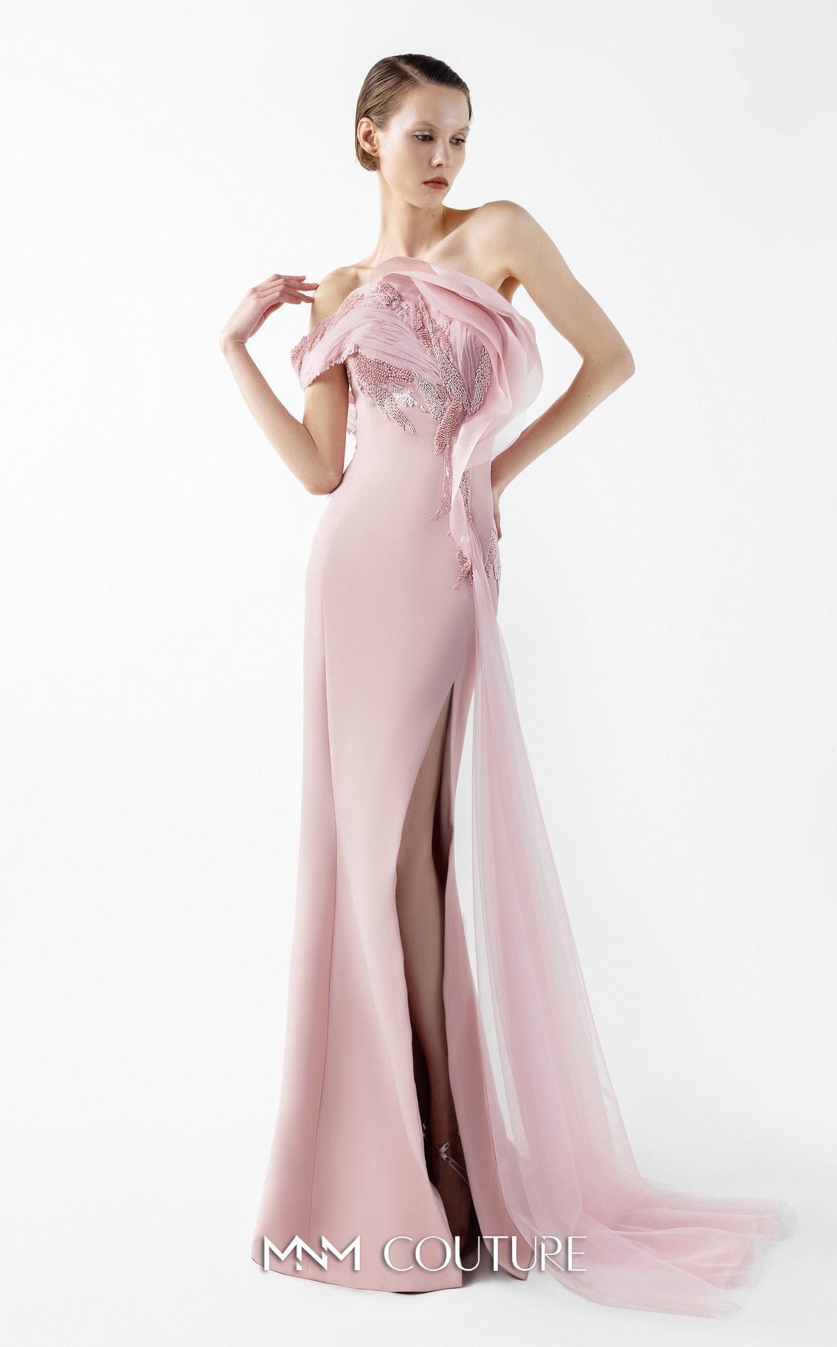 Prom Dresses Lace Long Formal Slit Prom Dress MNM Couture G2031 Pink
