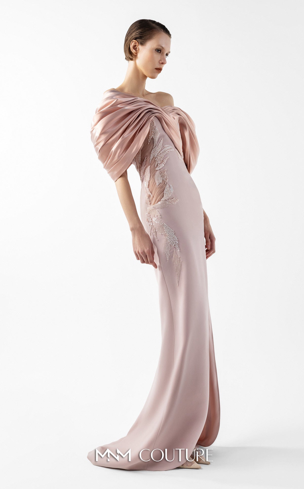 Prom Dresses Slit Metallic Long Formal Lace Prom Dress MNM Couture G2034 Powder
