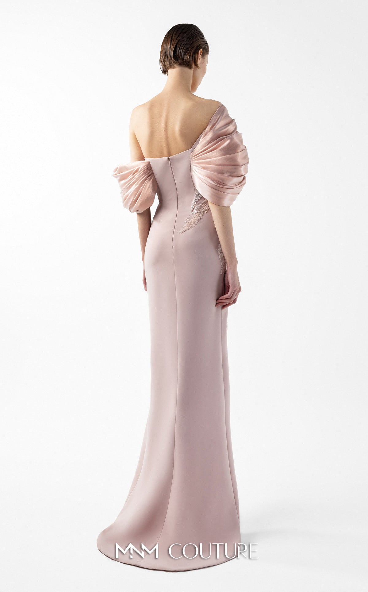 Prom Dresses Slit Metallic Long Formal Lace Prom Dress MNM Couture G2034 Powder
