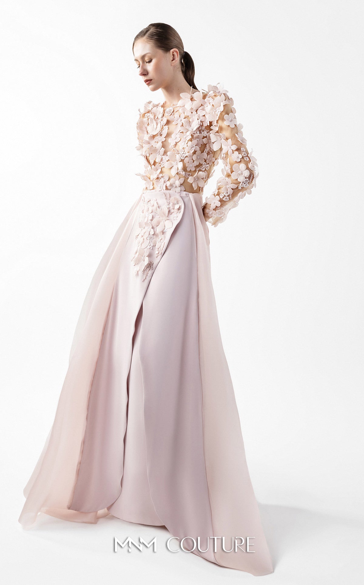 Mother of the Bride Dresses Long Sleeve Formal 3D Floral Applique Mother of the Bride Dress MNM Couture G2035 Pink