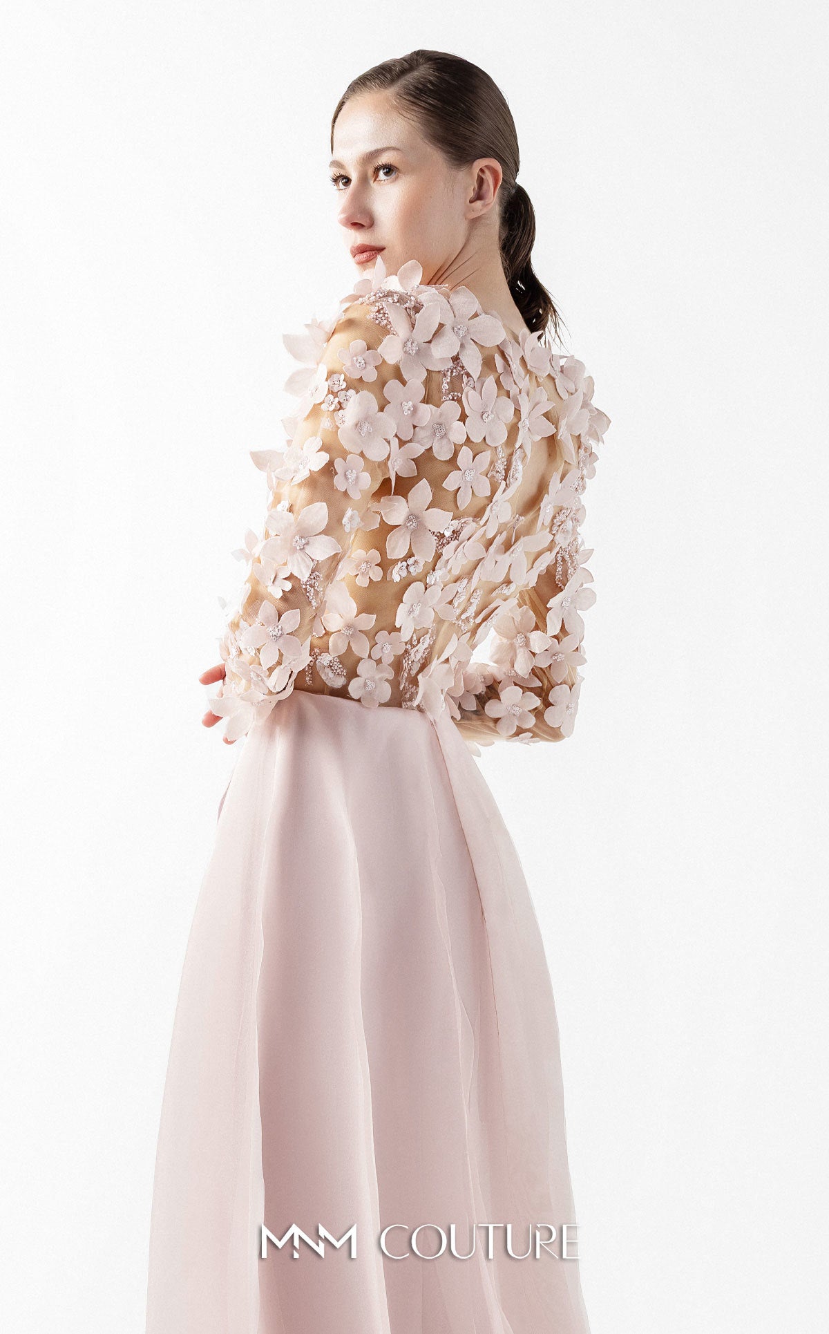 Mother of the Bride Dresses Long Sleeve Formal 3D Floral Applique Mother of the Bride Dress MNM Couture G2035 Pink