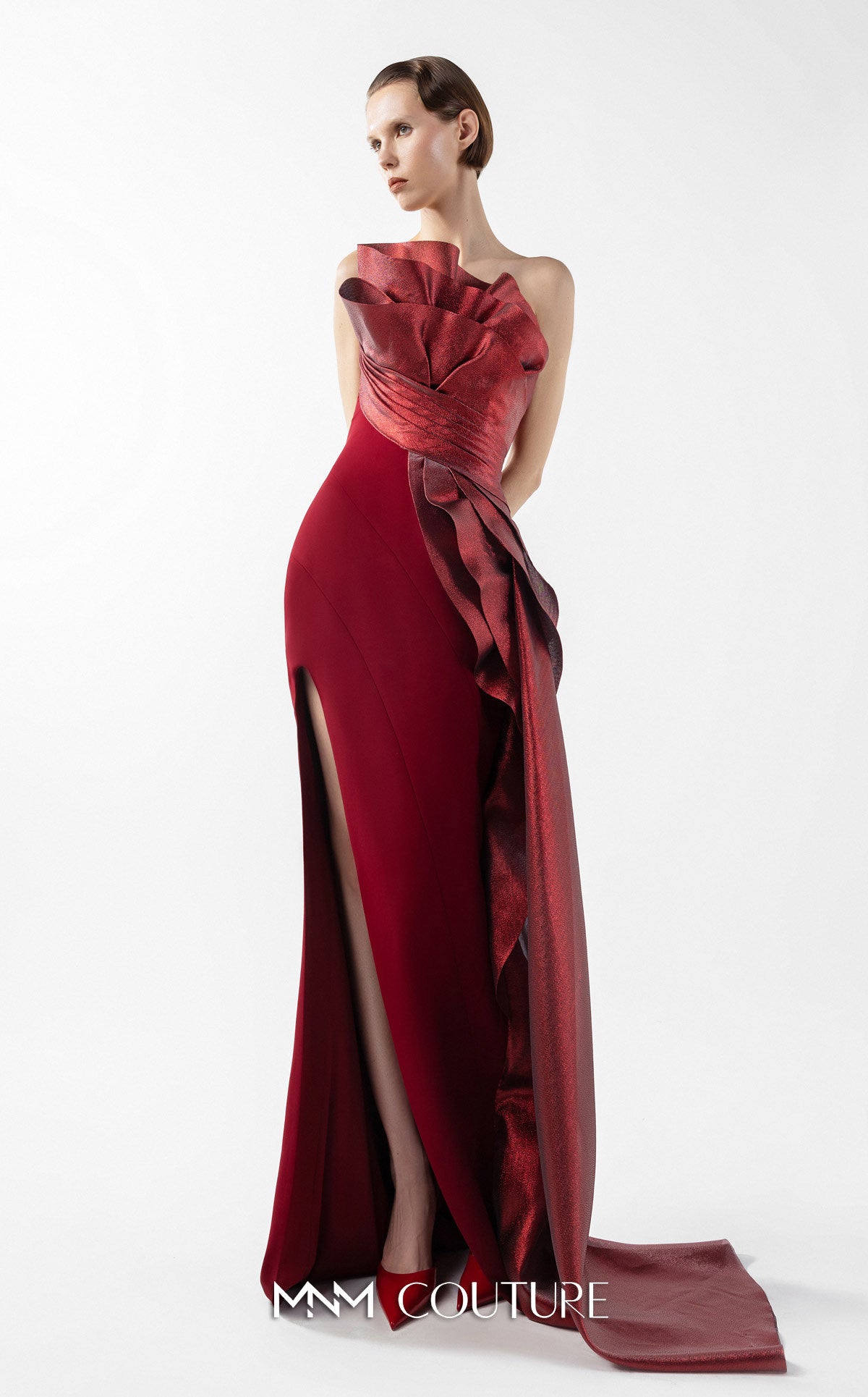 Prom Dresses Slit Pleated Long Formal Fitted Prom Dress MNM Couture G2037 Burgundy