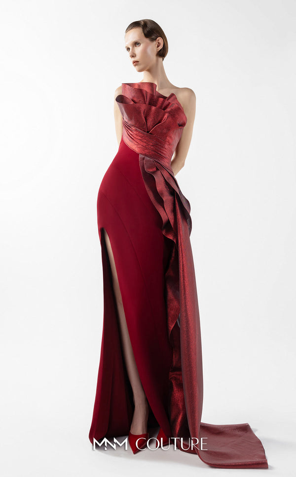 Slit Pleated Long Formal Fitted Prom Dress MNM Couture G2037