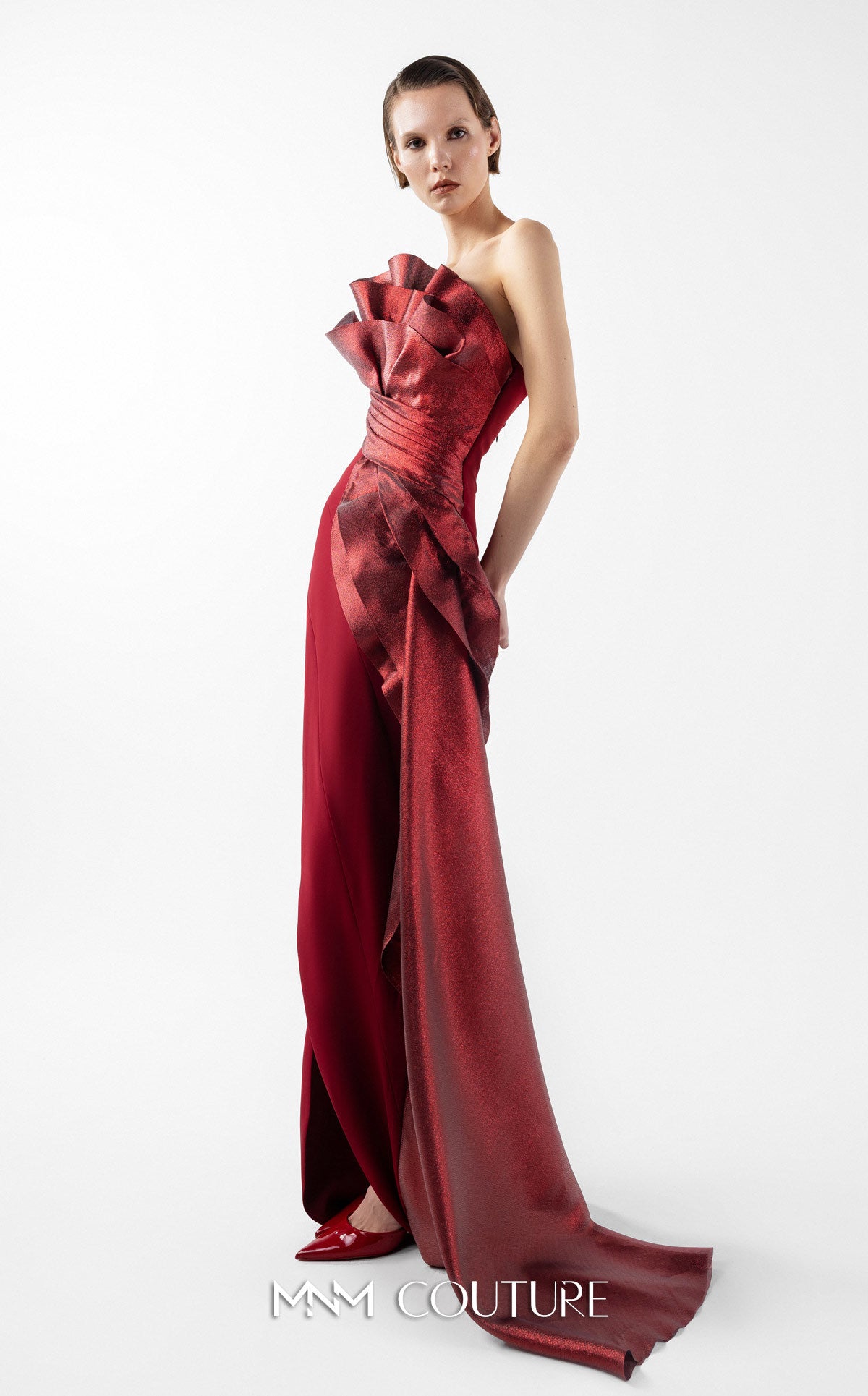 Prom Dresses Slit Pleated Long Formal Fitted Prom Dress MNM Couture G2037 Burgundy