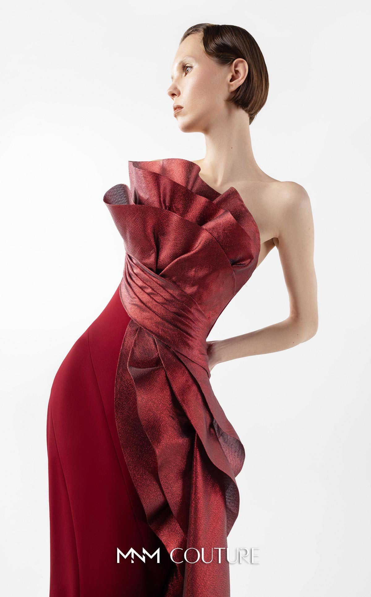 Prom Dresses Slit Pleated Long Formal Fitted Prom Dress MNM Couture G2037 Burgundy