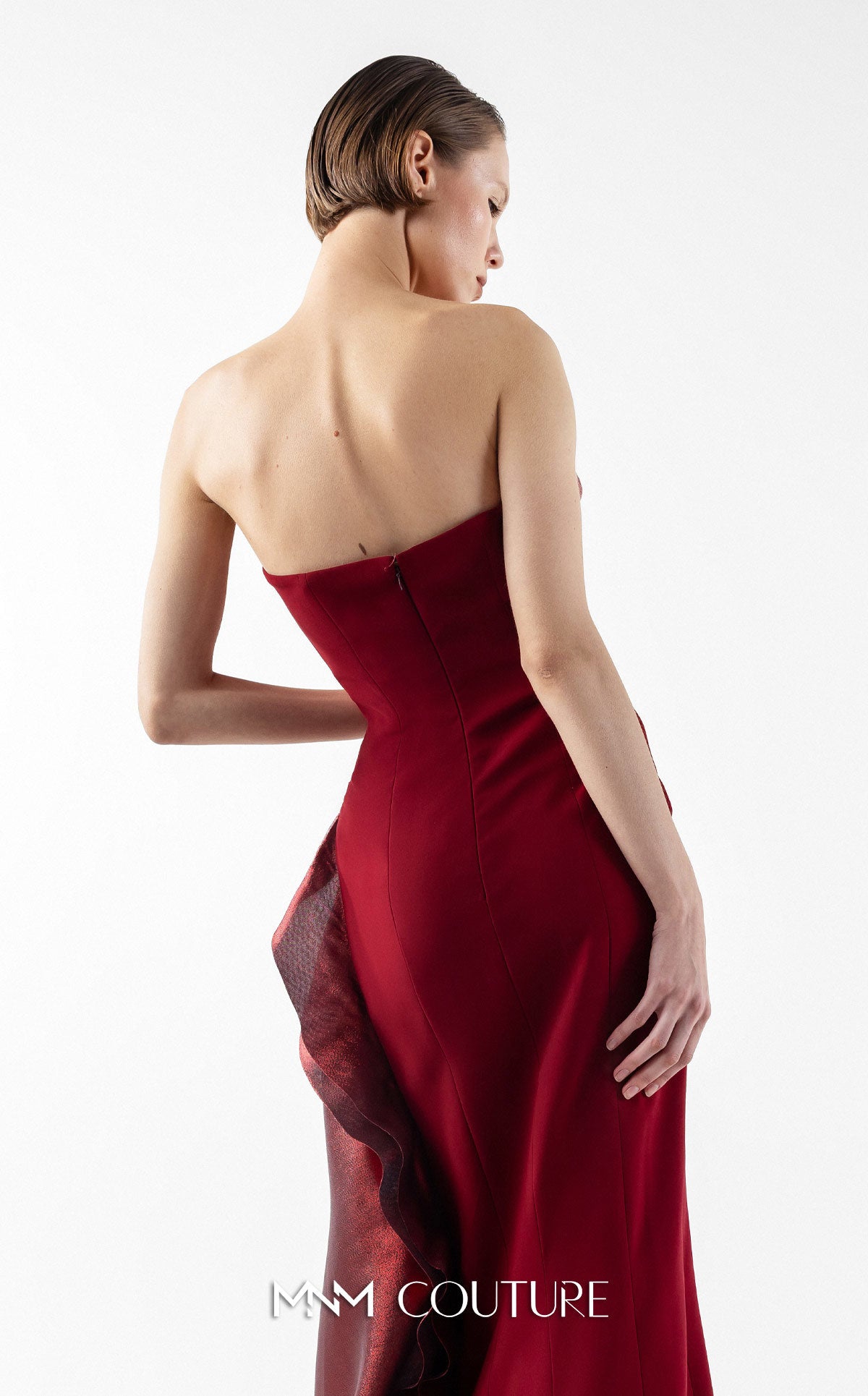 Prom Dresses Slit Pleated Long Formal Fitted Prom Dress MNM Couture G2037 Burgundy