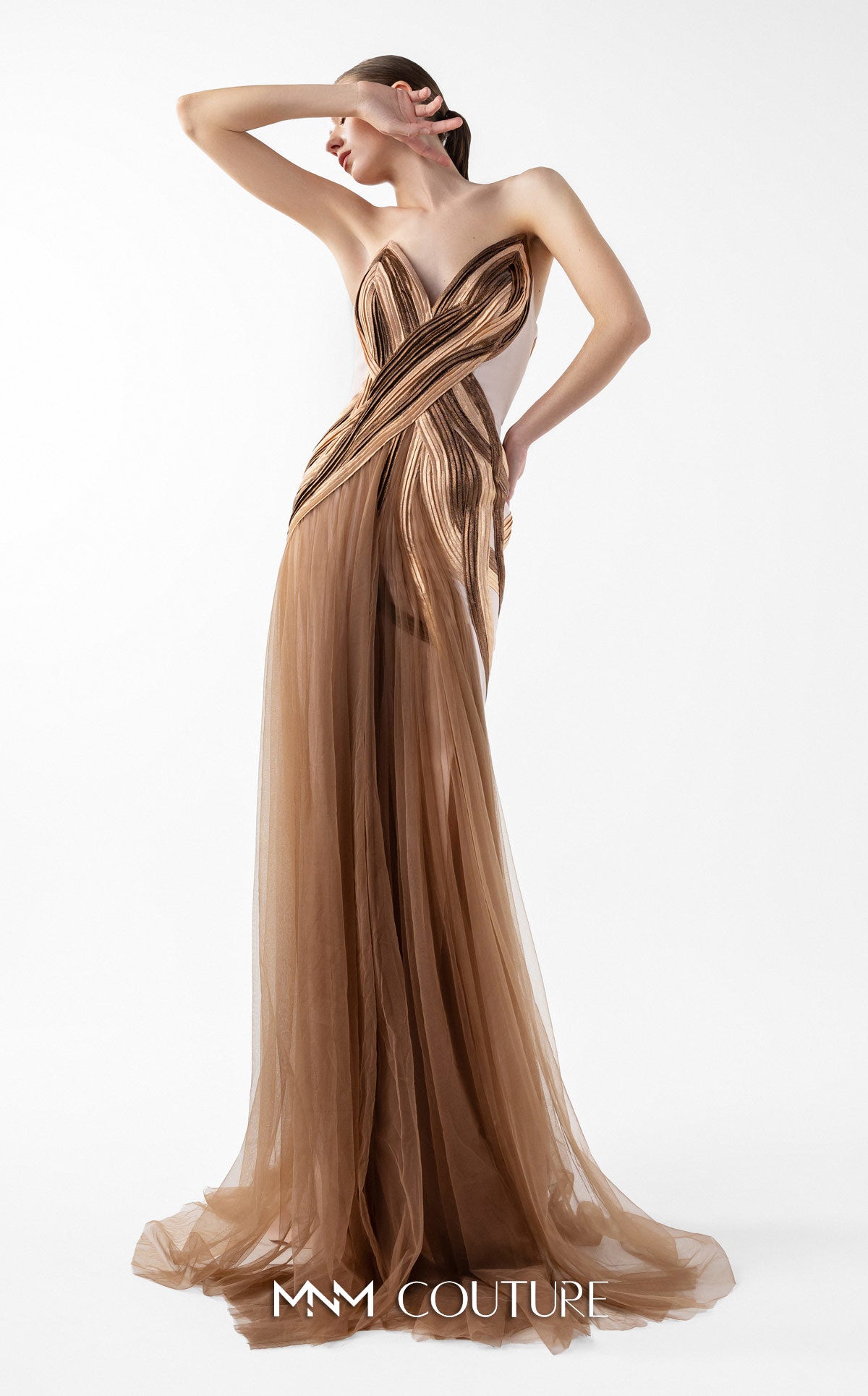 Prom Dresses Metallic Long Formal Pleated Prom Dress MNM Couture G2038 Bronze
