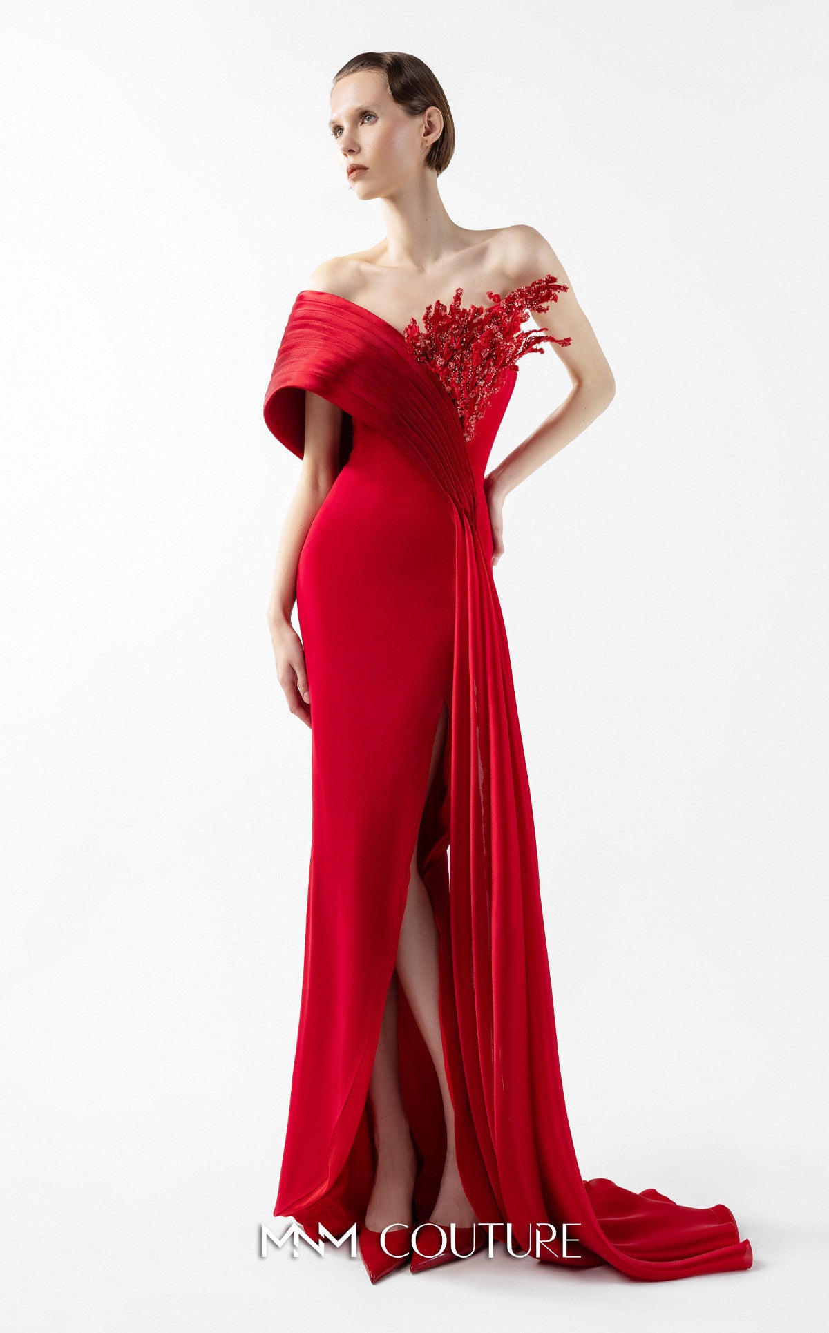 Prom Dresses Long Formal Slit Pleated Prom Dress MNM Couture G2040 Red