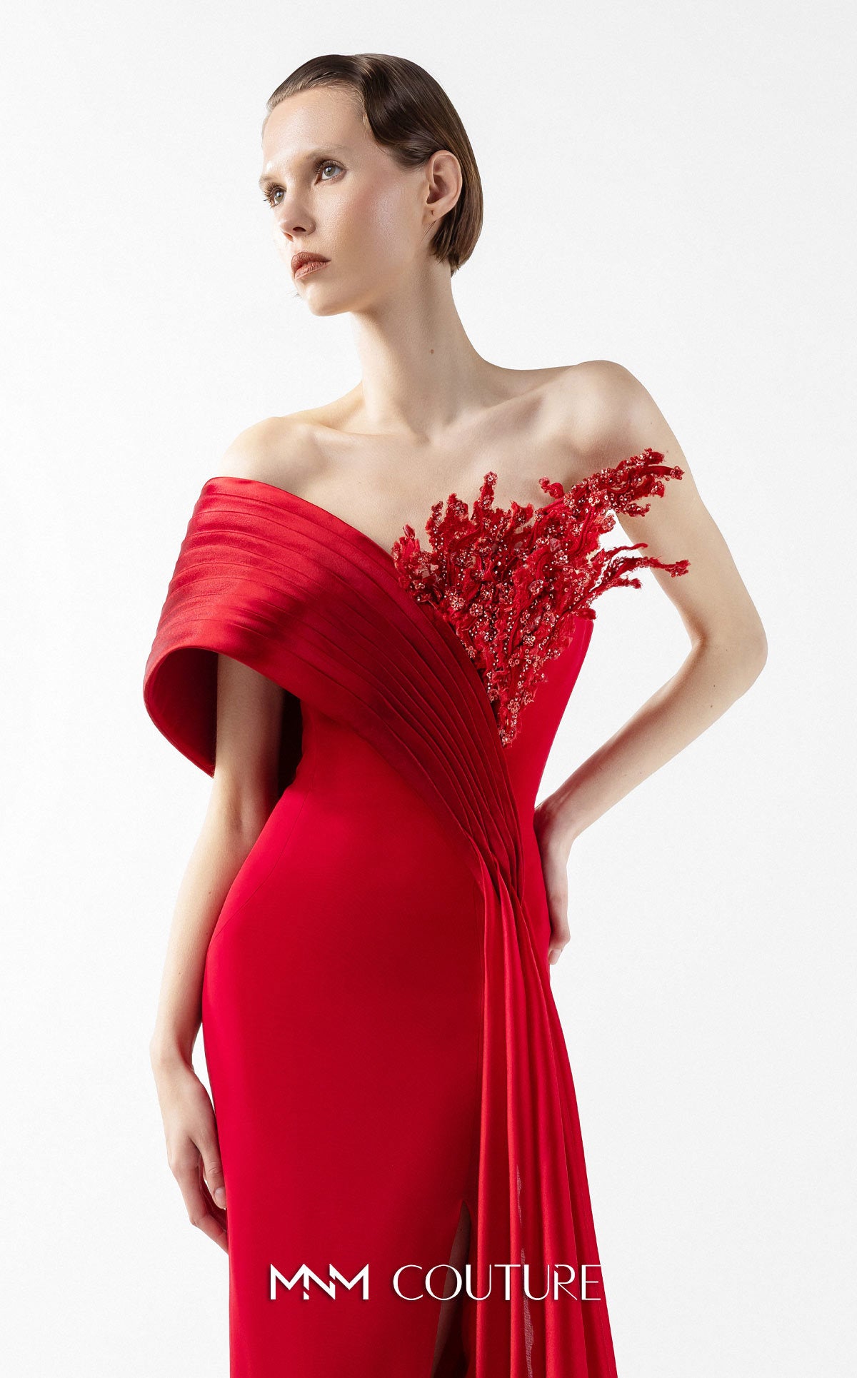 Prom Dresses Long Formal Slit Pleated Prom Dress MNM Couture G2040 Red