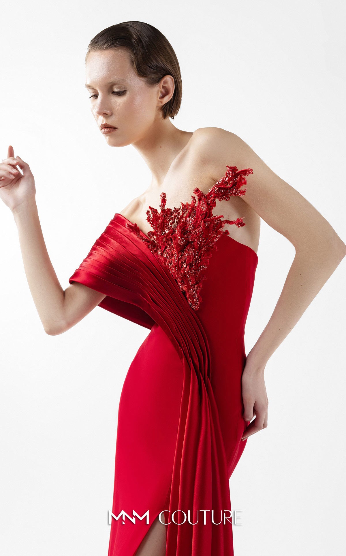 Prom Dresses Long Formal Slit Pleated Prom Dress MNM Couture G2040 Red