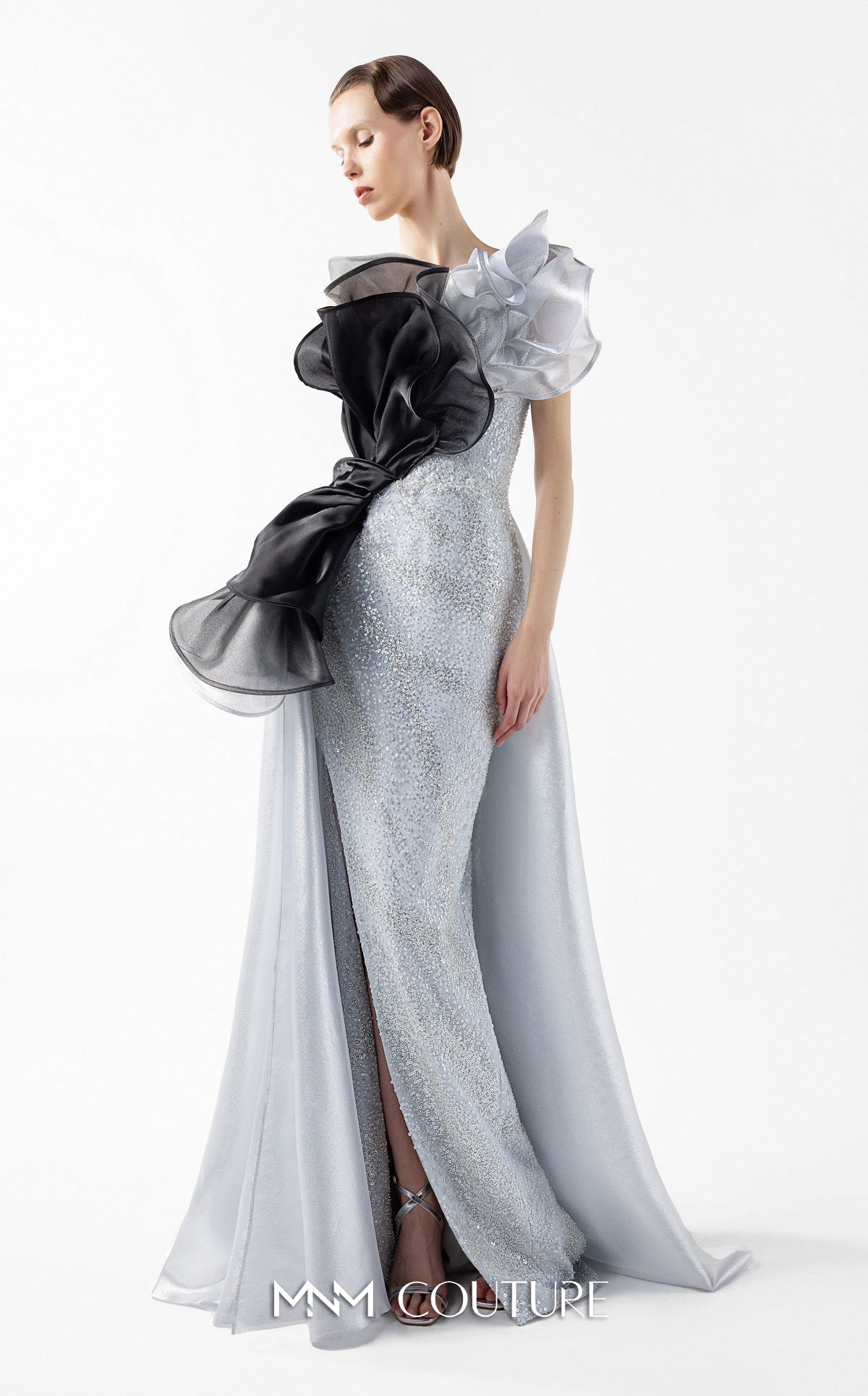 Prom Dresses Long Formal Slit Glitter Ruffle Lace Prom Dress MNM Couture G2042 Silver