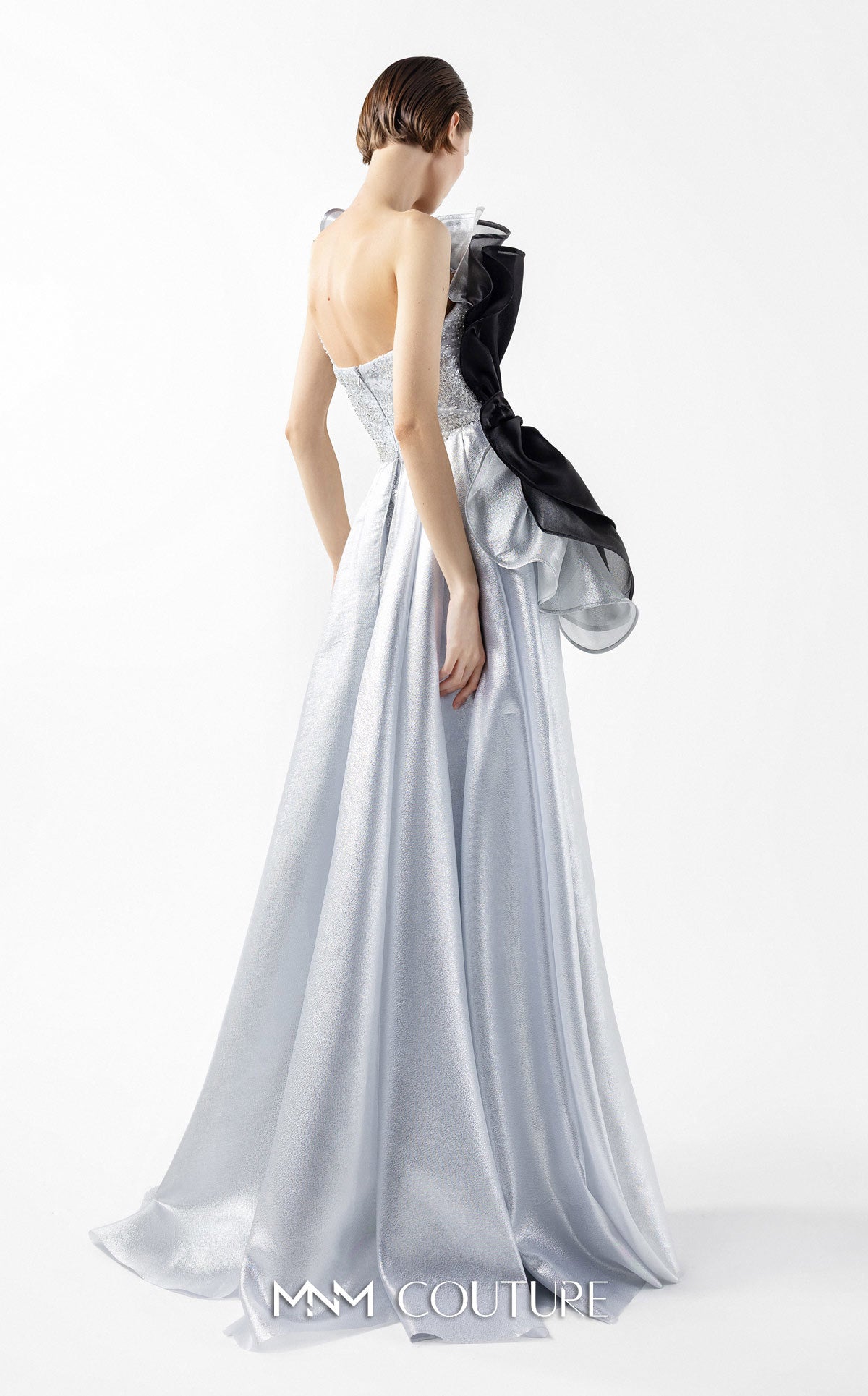 Prom Dresses Long Formal Slit Glitter Ruffle Lace Prom Dress MNM Couture G2042 Silver