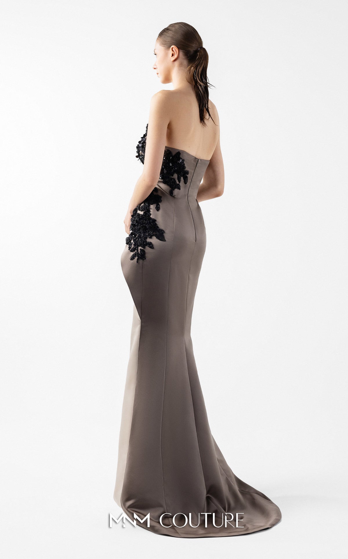 Prom Dresses Long Formal Metallic Floral Applique Fitted Prom Dress MNM Couture G2045 Brown