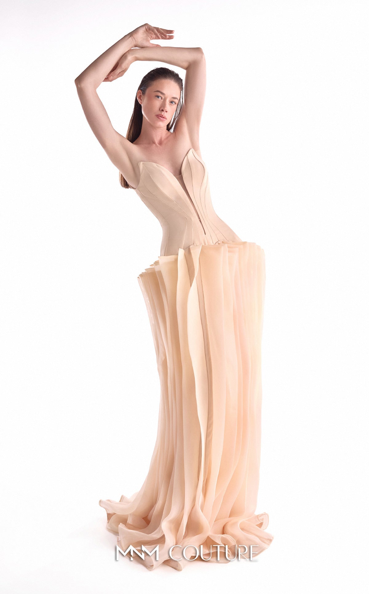 Strapless Long Chiffon Evening Gown by MNM Couture G2100 in Nude