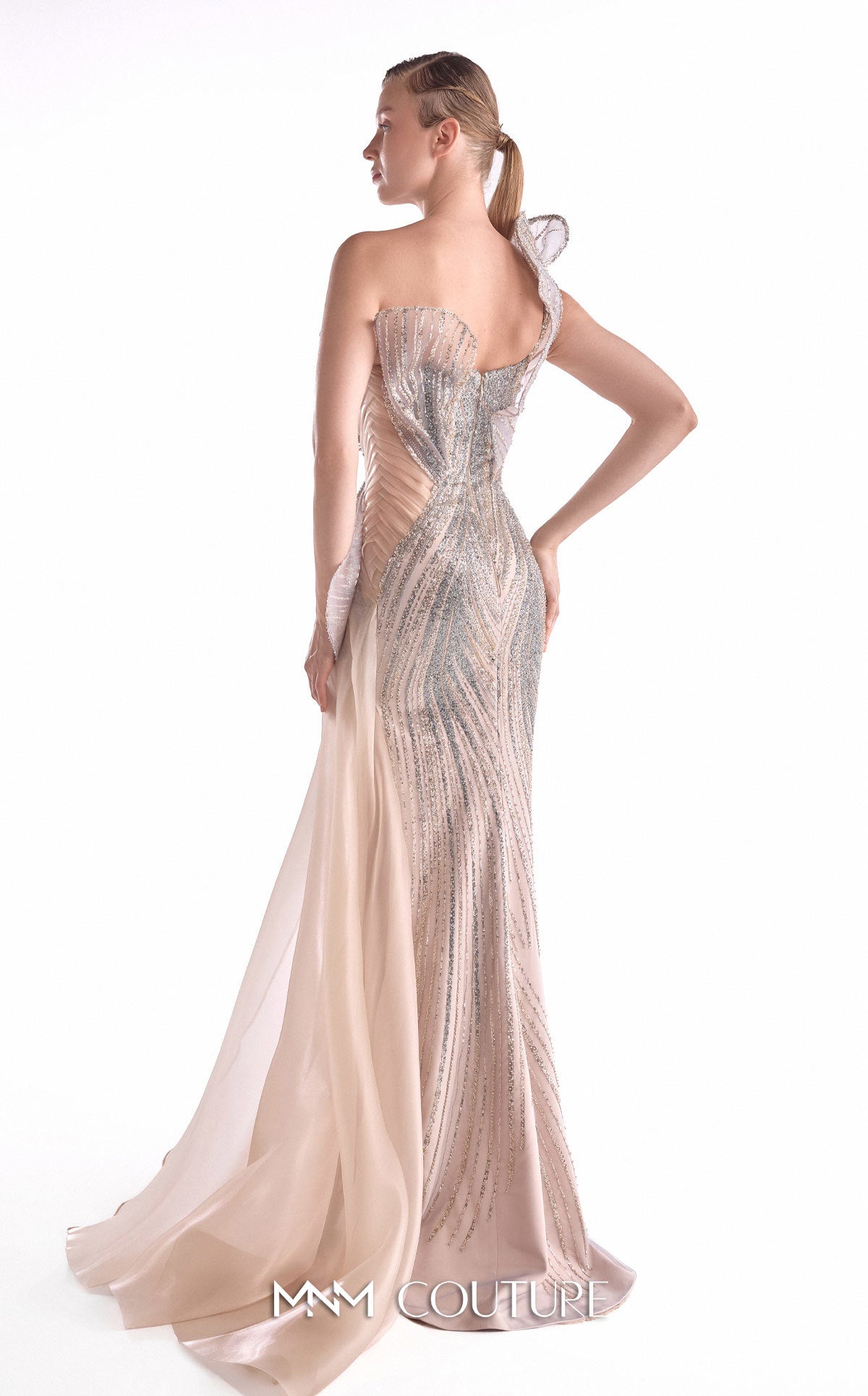 One-Shoulder Embellished Tulle Evening Gown by MNM Couture G2101 in Nude