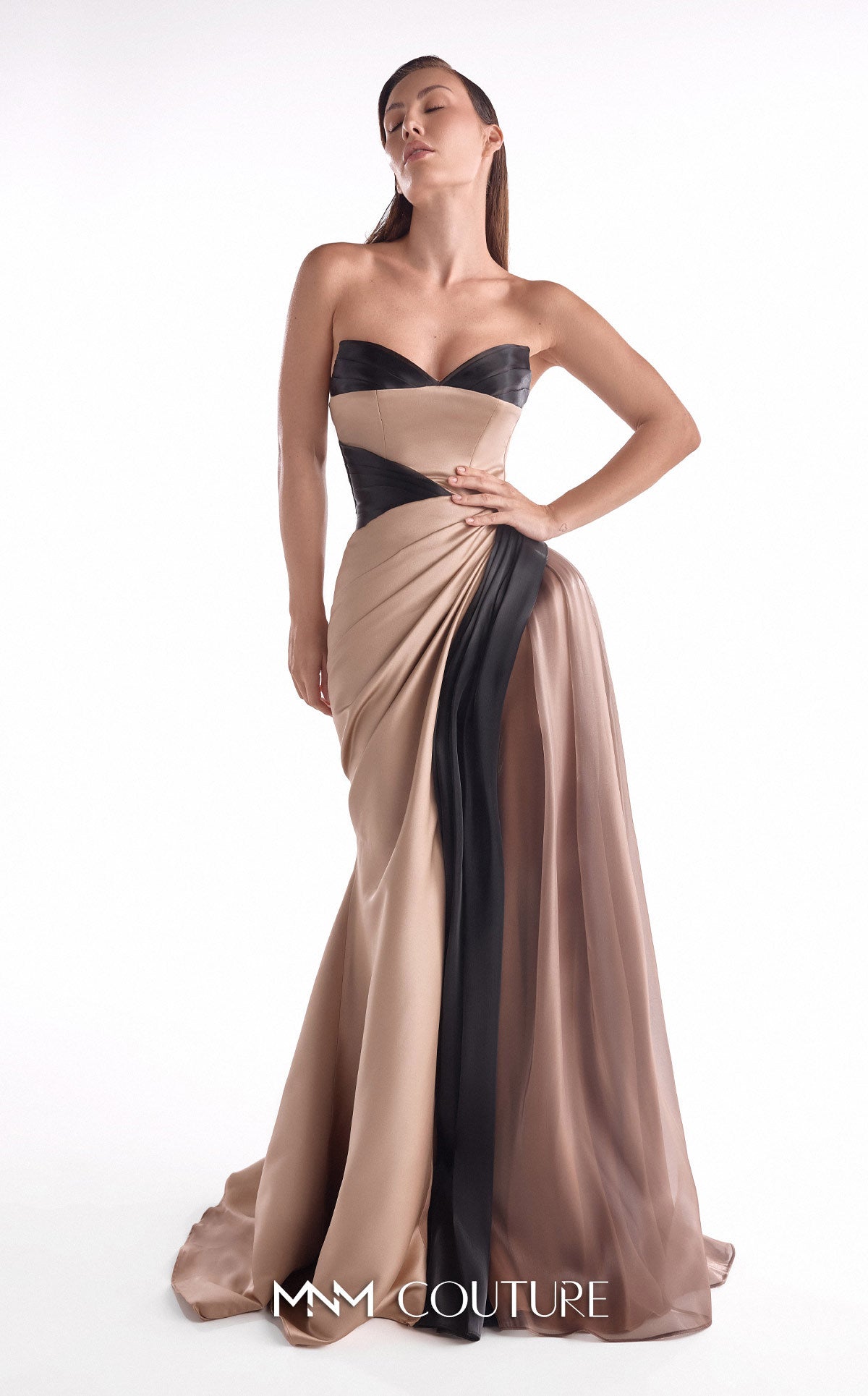 Strapless Long Satin Formal Gown by MNM Couture G2102 in Brown/Black
