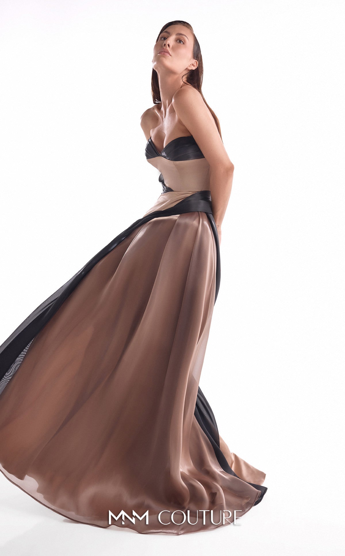 Strapless Long Satin Formal Gown by MNM Couture G2102 in Brown/Black