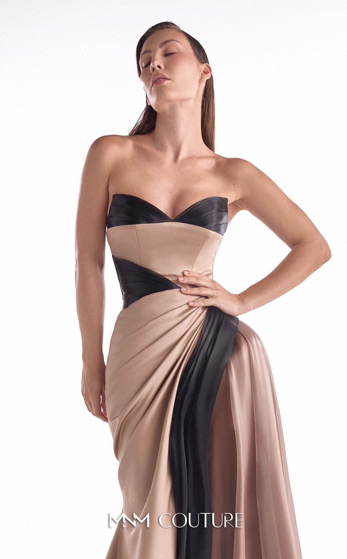 Strapless Long Satin Formal Gown by MNM Couture G2102 in Brown/Black