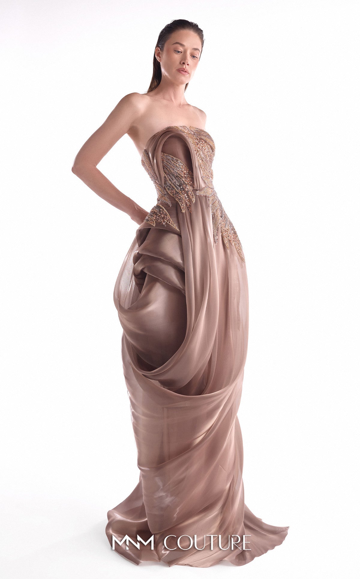 Strapless Floor-Length Satin Evening Gown by MNM Couture G2103 in Brown
