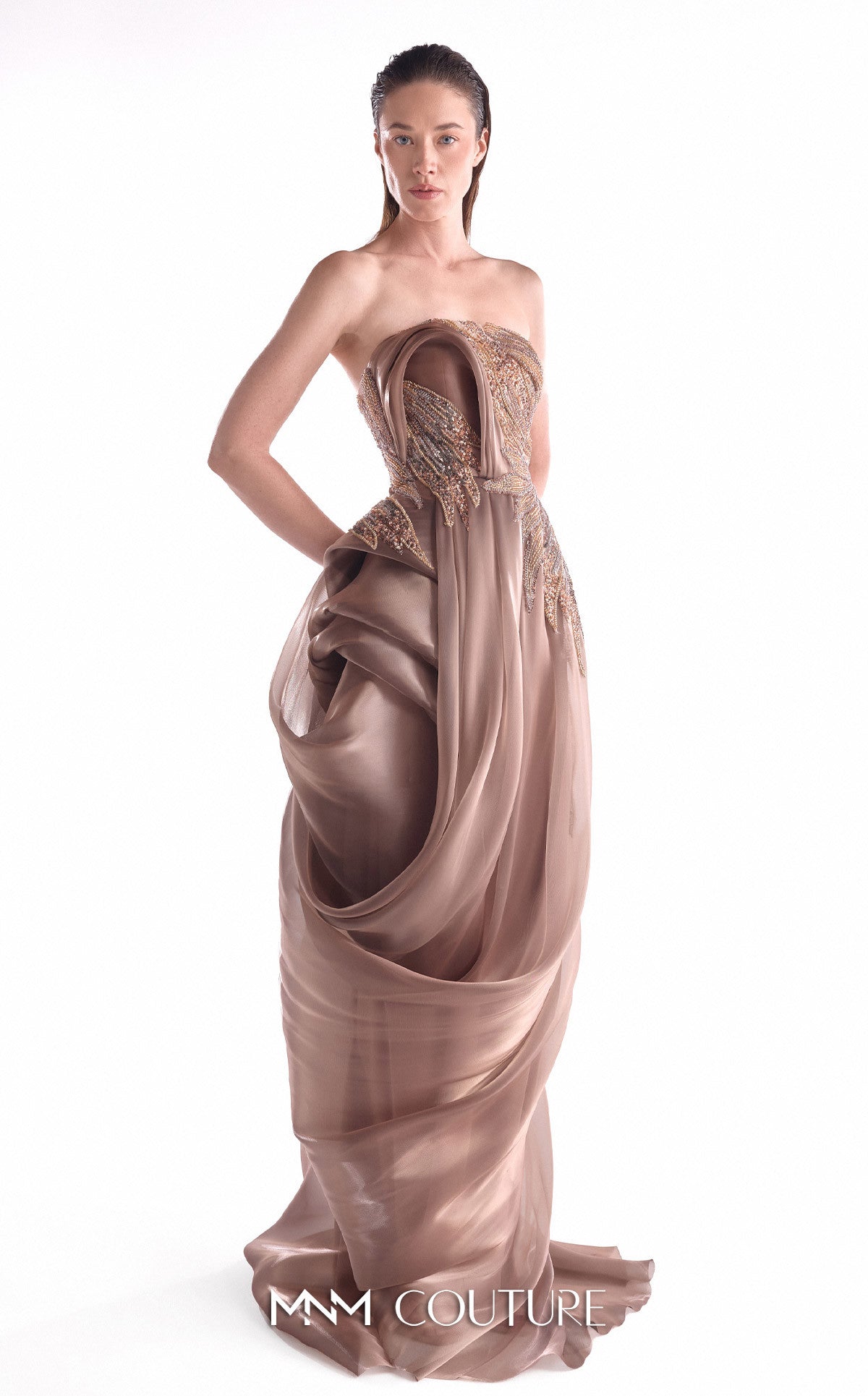 Strapless Floor-Length Satin Evening Gown by MNM Couture G2103 in Brown