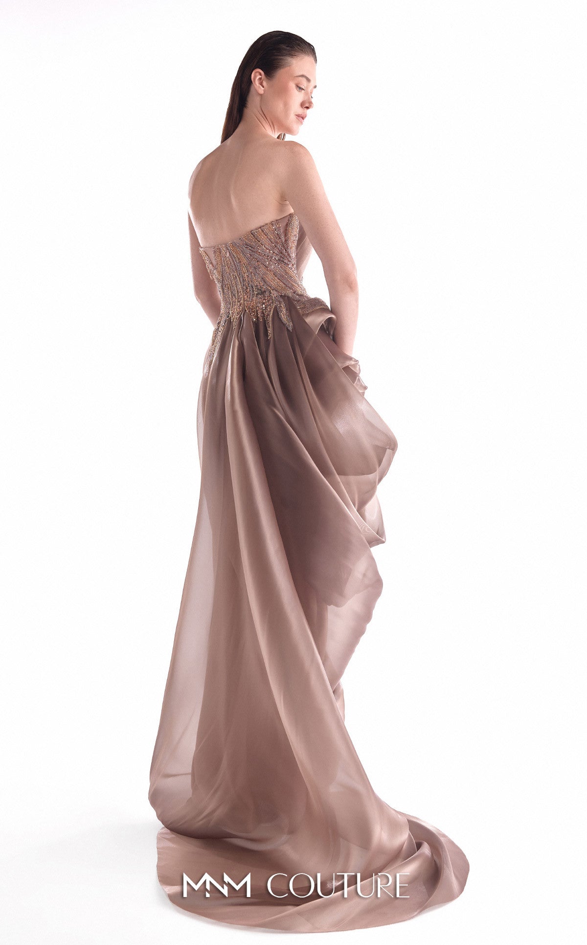 Strapless Floor-Length Satin Evening Gown by MNM Couture G2103 in Brown