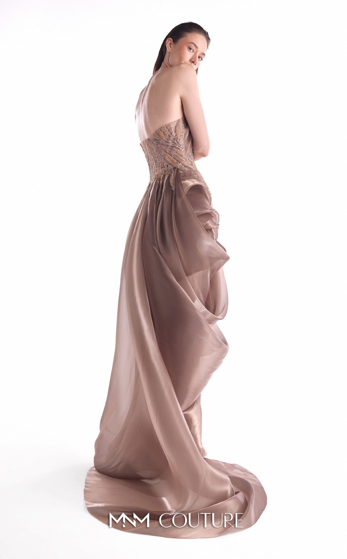 Strapless Floor-Length Satin Evening Gown by MNM Couture G2103 in Brown