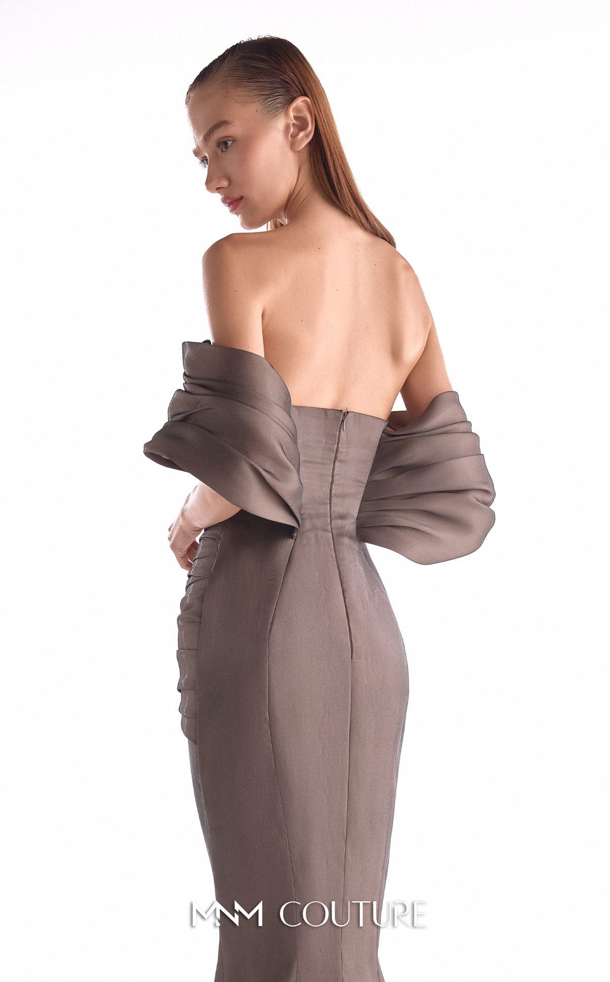 Off-Shoulder Mermaid Satin Evening Gown by MNM Couture G2104 in Brown