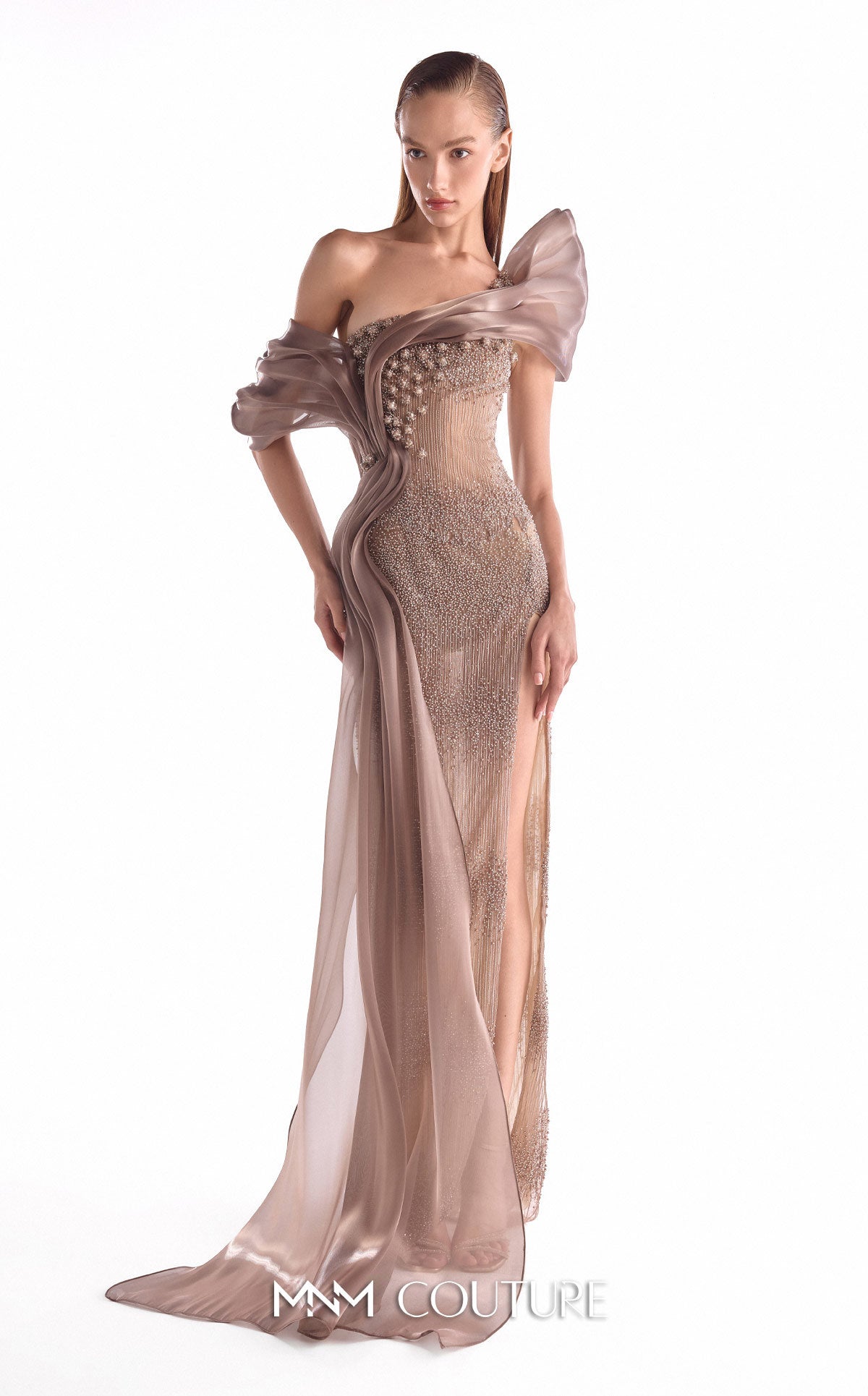Off-Shoulder Beaded Organza Evening Gown by MNM Couture G2105 in Brown