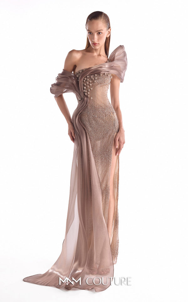 Off-Shoulder Beaded Organza Evening Gown by MNM Couture G2105
