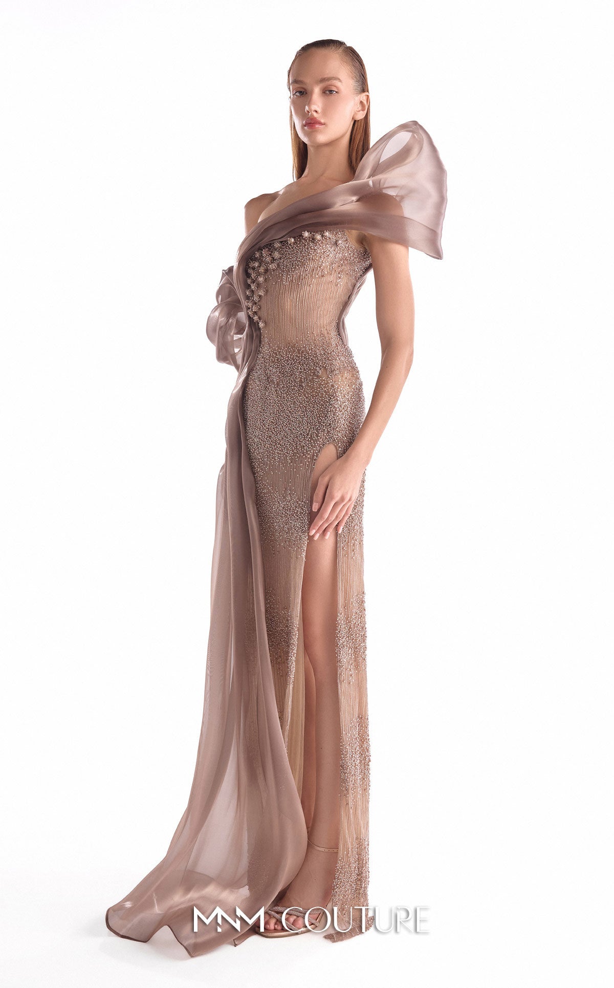 Off-Shoulder Beaded Organza Evening Gown by MNM Couture G2105 in Brown