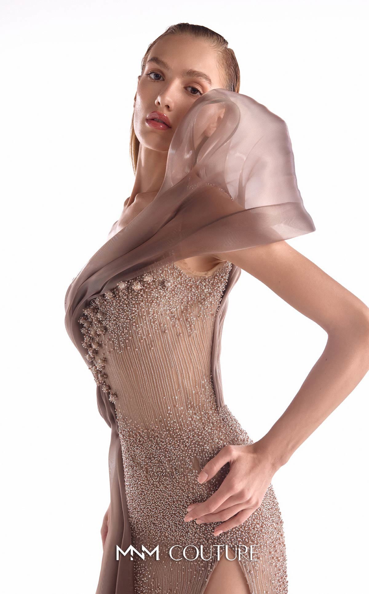 Off-Shoulder Beaded Organza Evening Gown by MNM Couture G2105 in Brown