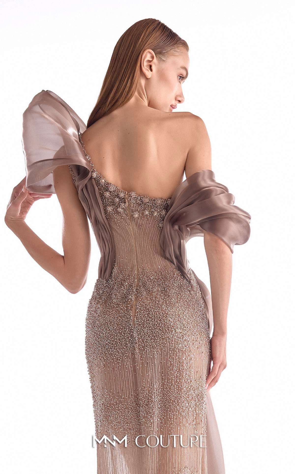 Off-Shoulder Beaded Organza Evening Gown by MNM Couture G2105 in Brown