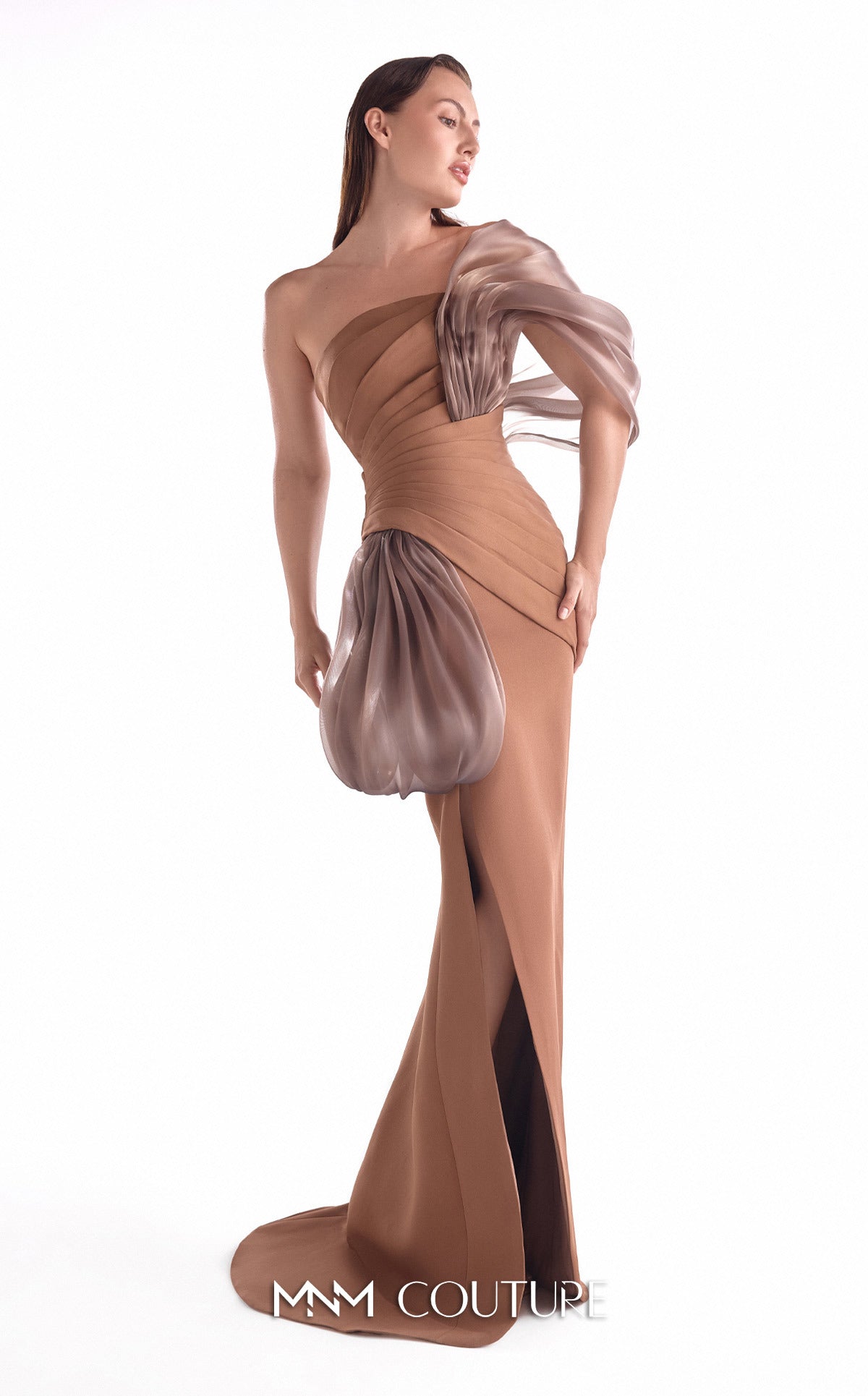Off-Shoulder Long Pleated Gown by MNM Couture G2106 in Brown