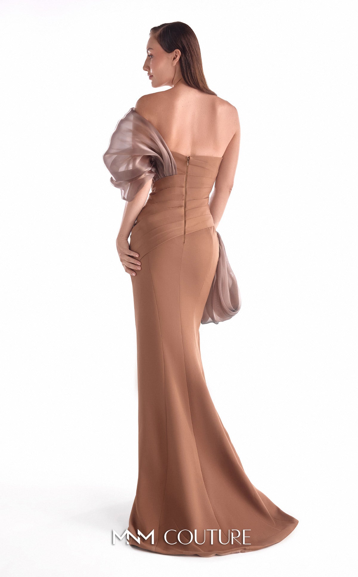 Off-Shoulder Long Pleated Gown by MNM Couture G2106 in Brown
