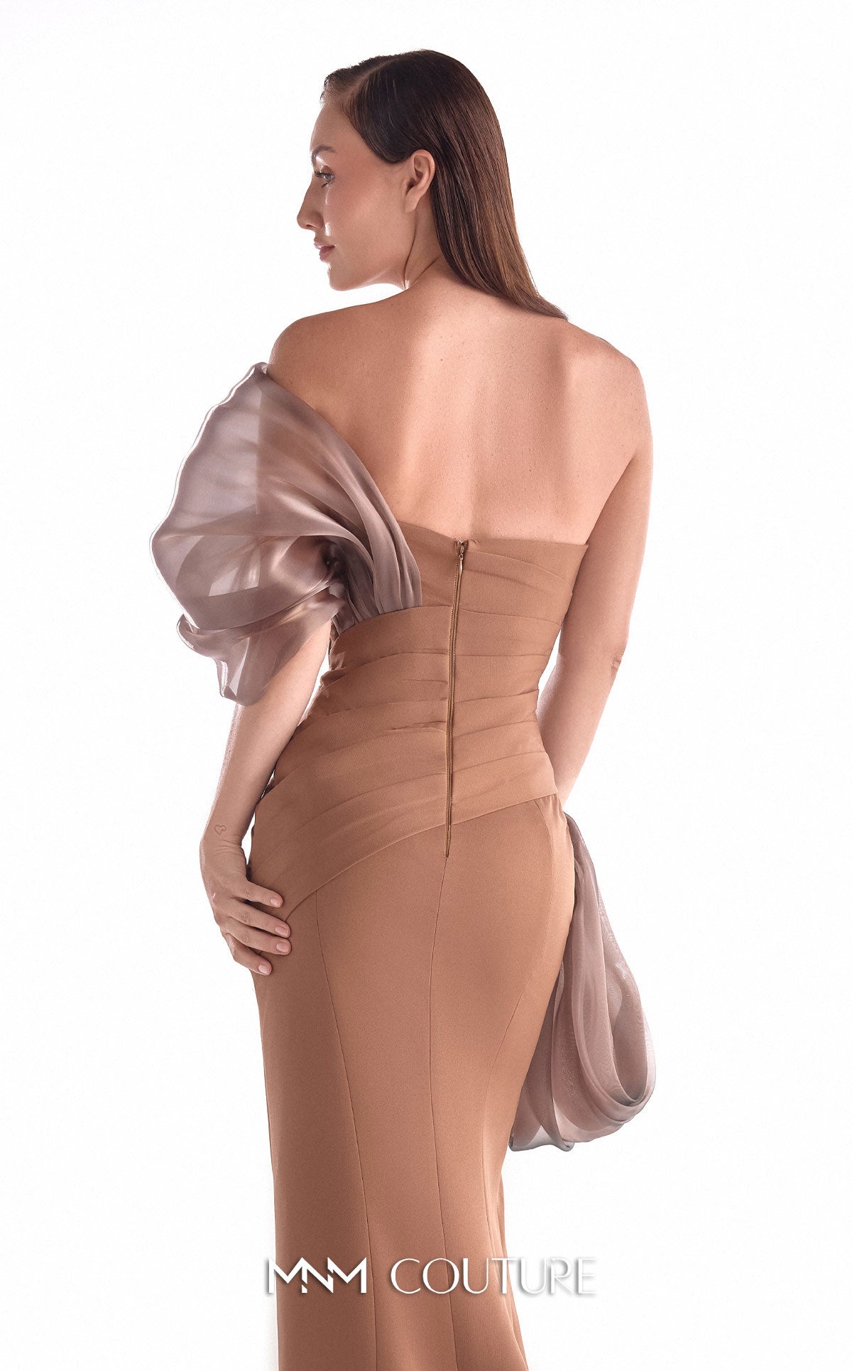 Off-Shoulder Long Pleated Gown by MNM Couture G2106 in Brown