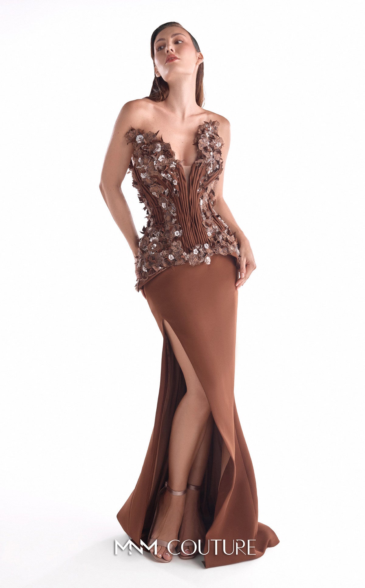 Plunge Neck Long Embellished Evening Gown by MNM Couture G2108 in Brown