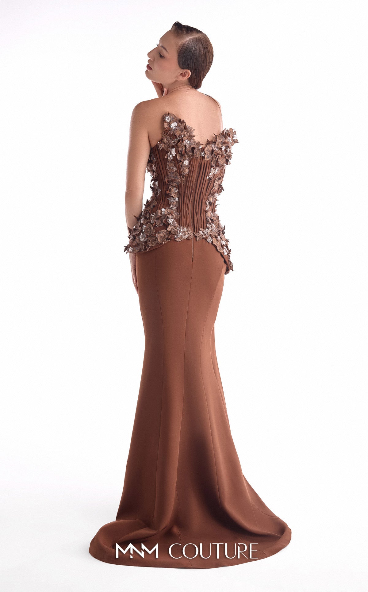 Plunge Neck Long Embellished Evening Gown by MNM Couture G2108 in Brown