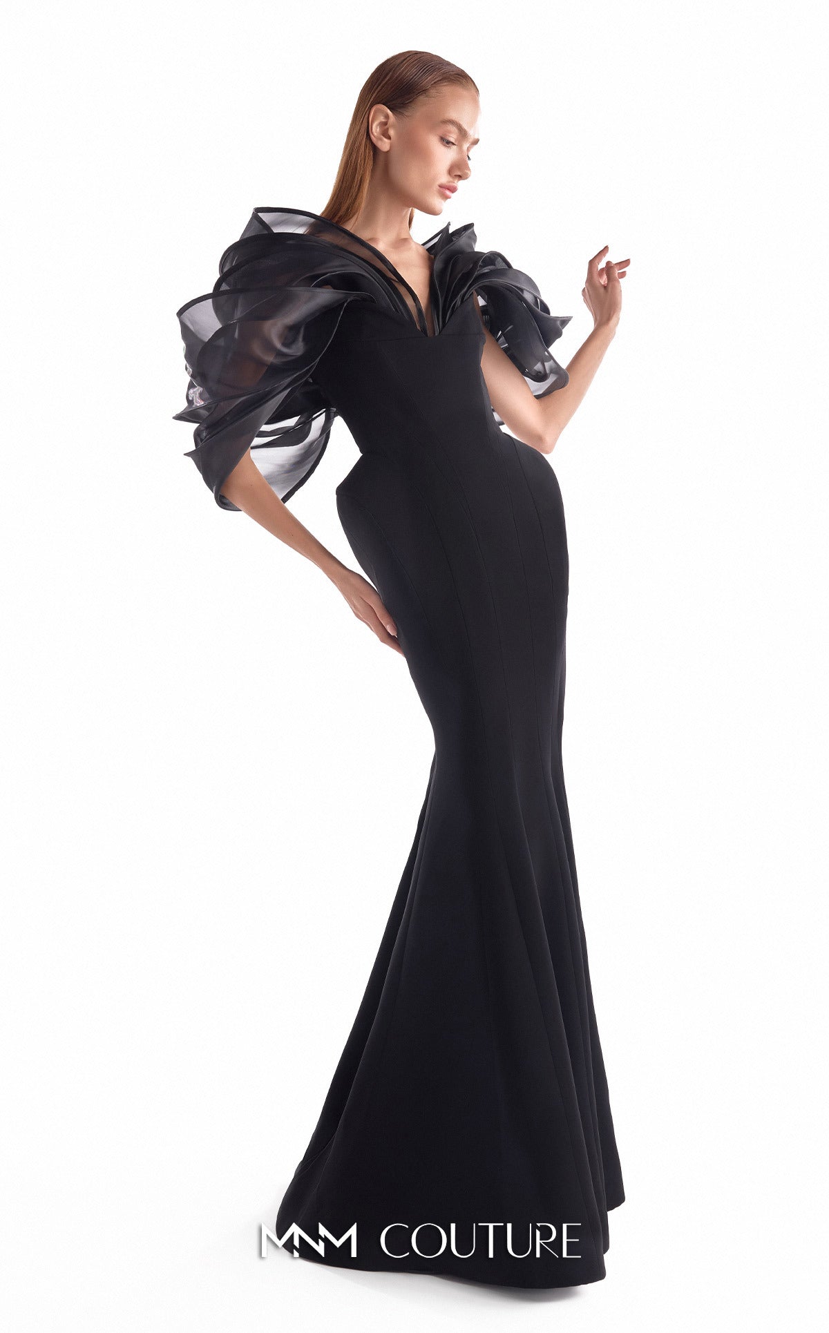 Off-Shoulder Organza Mermaid Evening Gown by MNM Couture G2110 in Black