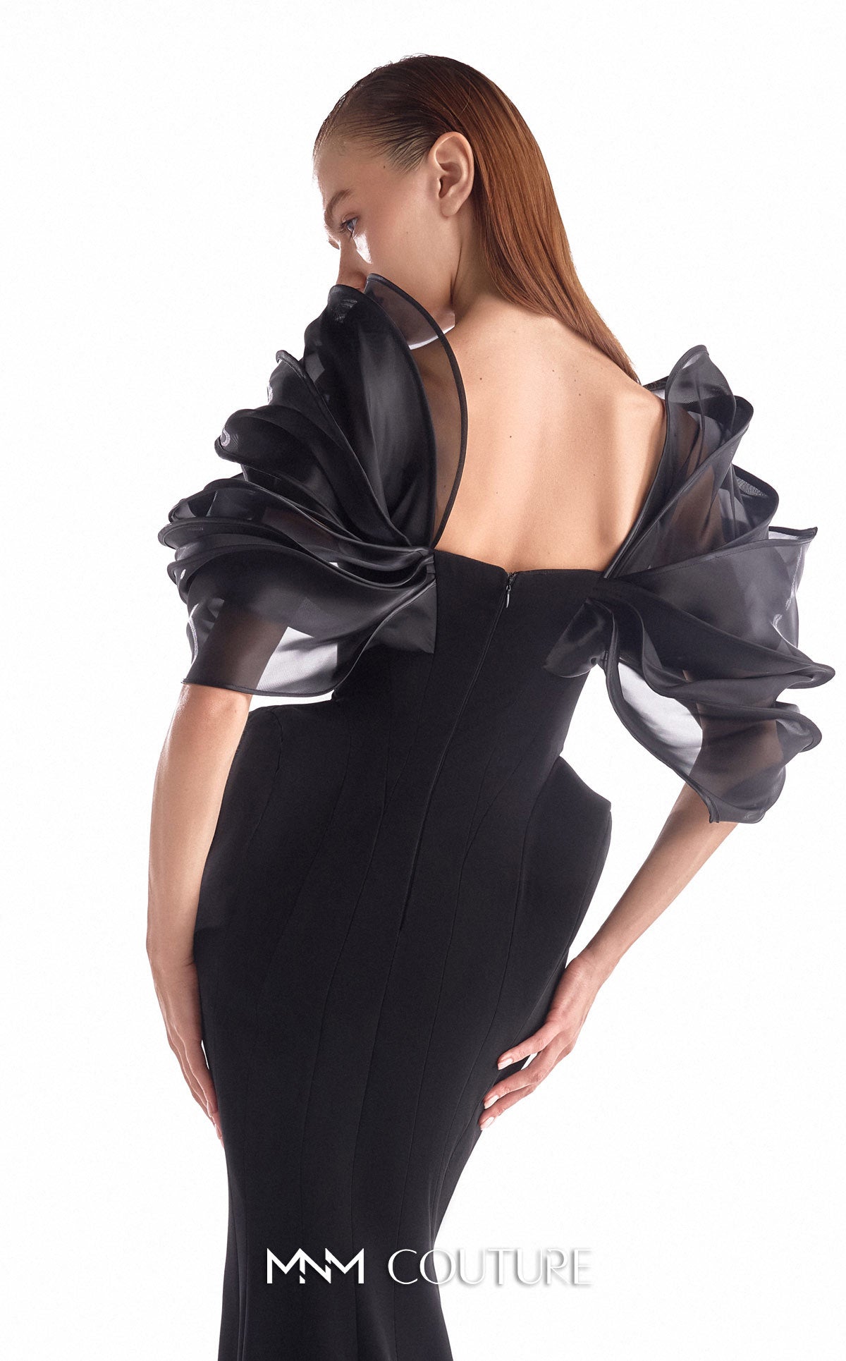 Off-Shoulder Organza Mermaid Evening Gown by MNM Couture G2110 in Black