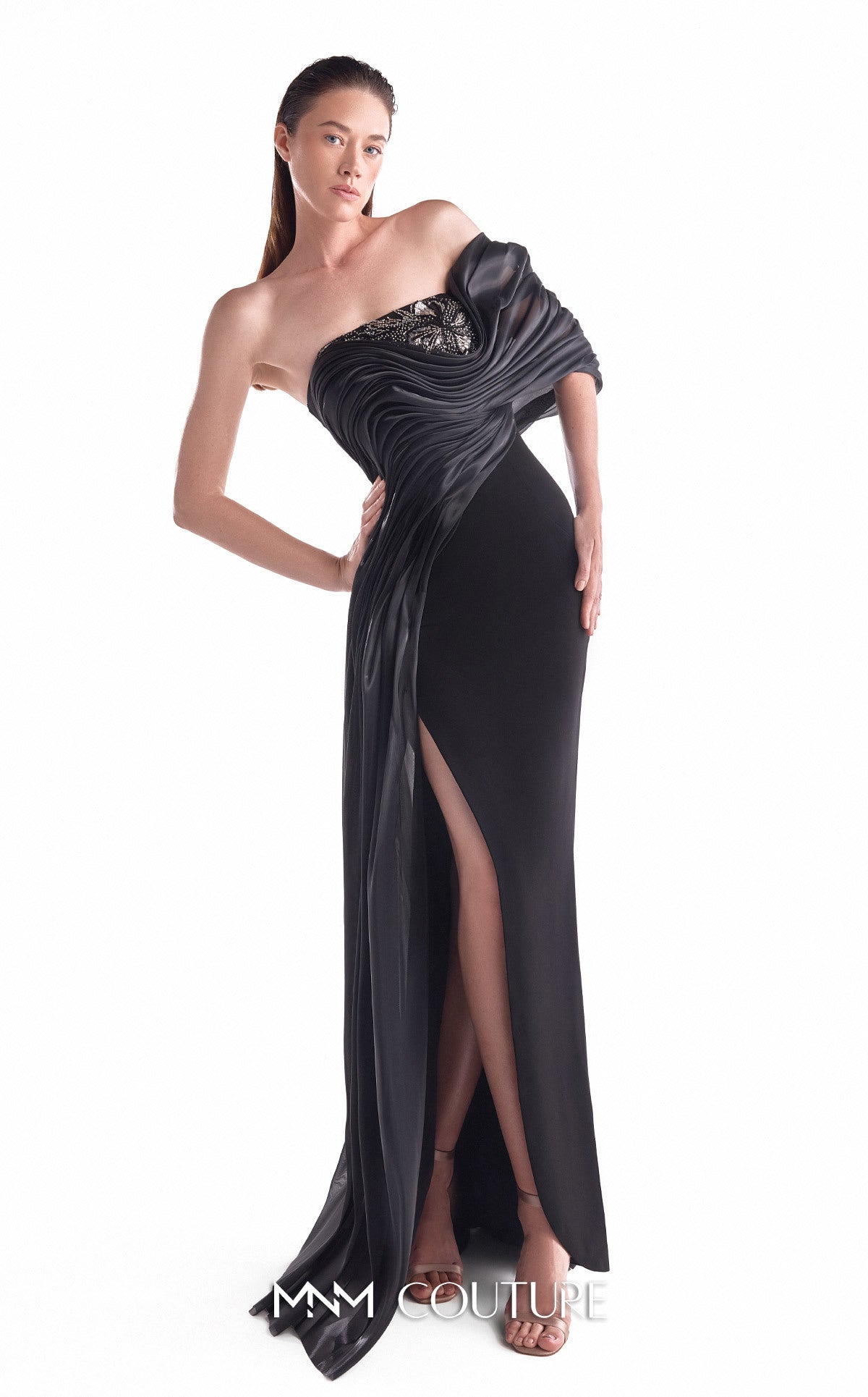 Off-Shoulder Column Velvet Formal Gown by MNM Couture G2111 in Black