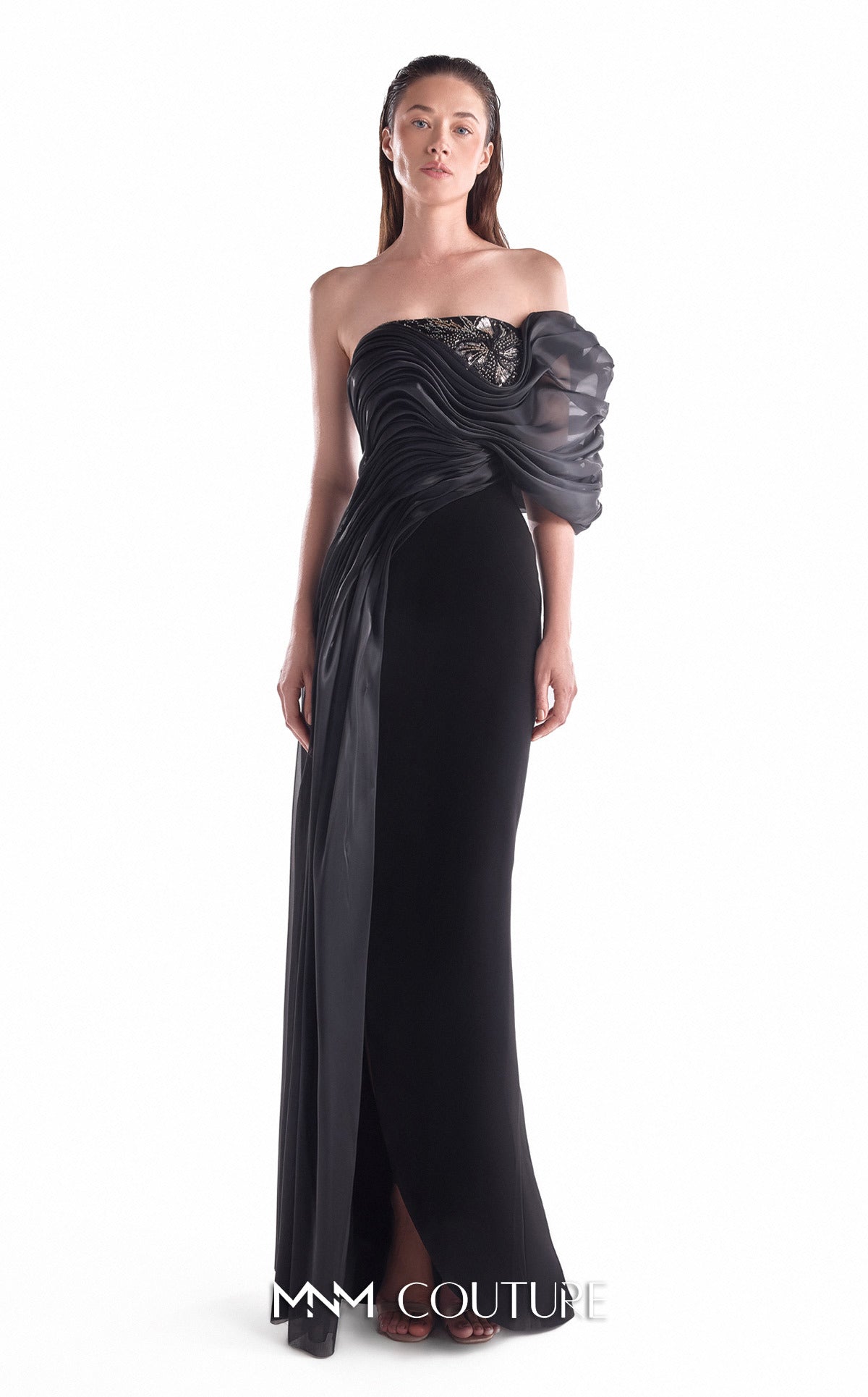 Off-Shoulder Column Velvet Formal Gown by MNM Couture G2111 in Black