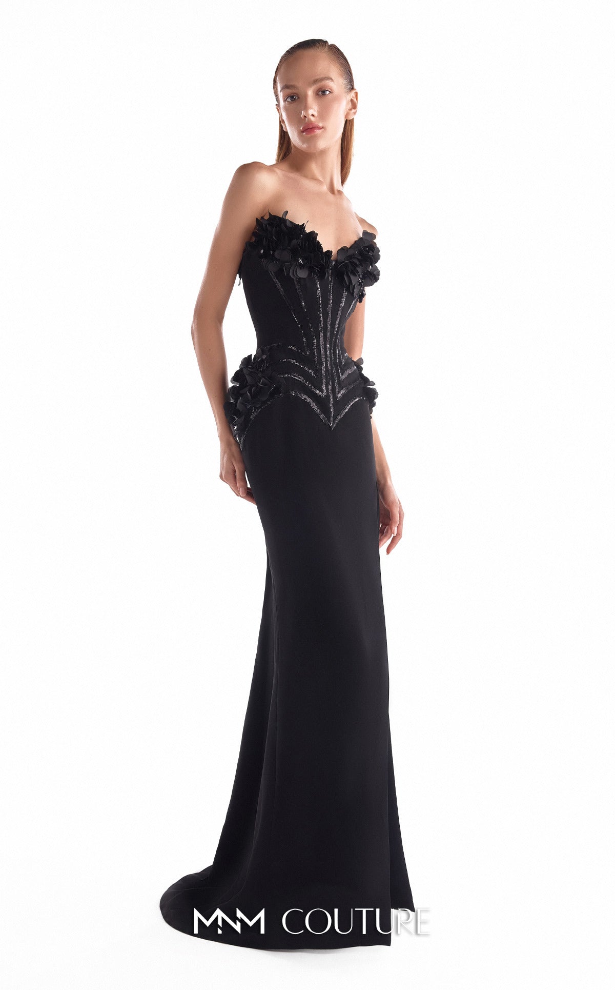 Strapless Embellished Velvet Gown by MNM Couture G2115 in Black