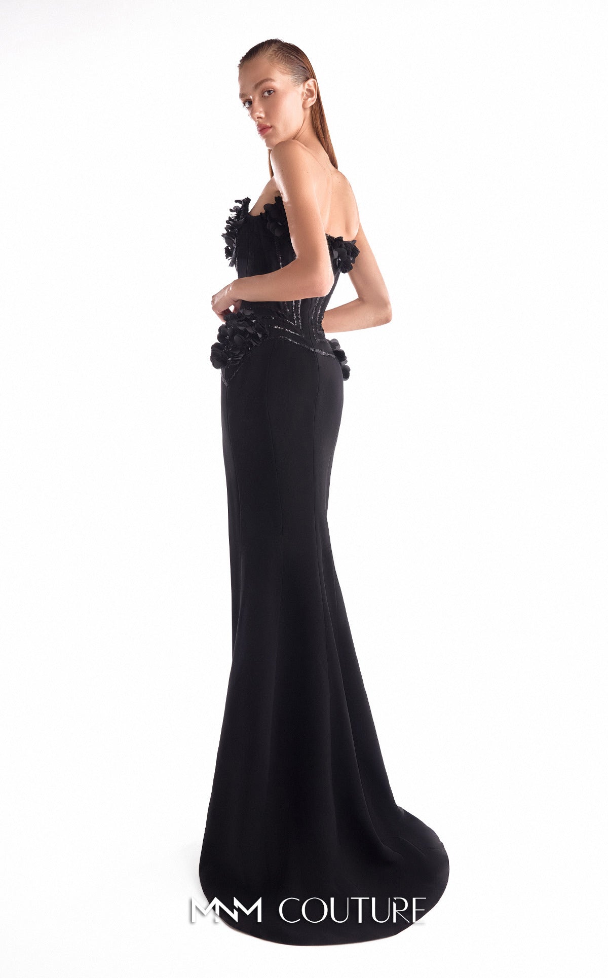 Strapless Embellished Velvet Gown by MNM Couture G2115 in Black