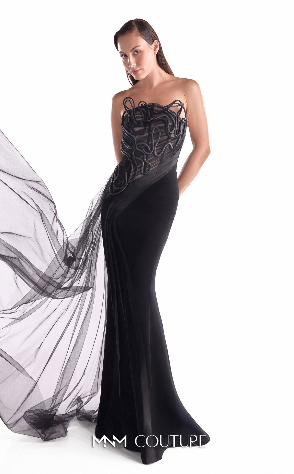 Strapless Mermaid Tulle Evening Gown by MNM Couture G2116 in Black